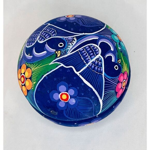 Mexican Trinket Box Vibrant Blue Round Bird Flowers - Picture 1 of 10